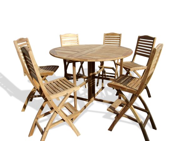 Nassau 59" Round Drop Leaf Teak Bar Table W/6 St. Barts Folding Teak Bar Chairs