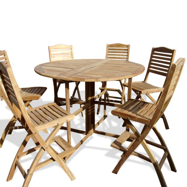 Bimini 59" Round Drop Leaf Teak Counter Table W/6 St. Barts Folding Teak Counter Chairs