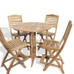 Nassau 39" Round Drop Leaf Teak Bar Table W/4 St Barts Folding Teak Bar Chairs