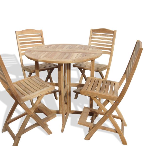 Nassau 39" Round Drop Leaf Teak Bar Table W/4 St Barts Folding Teak Bar Chairs