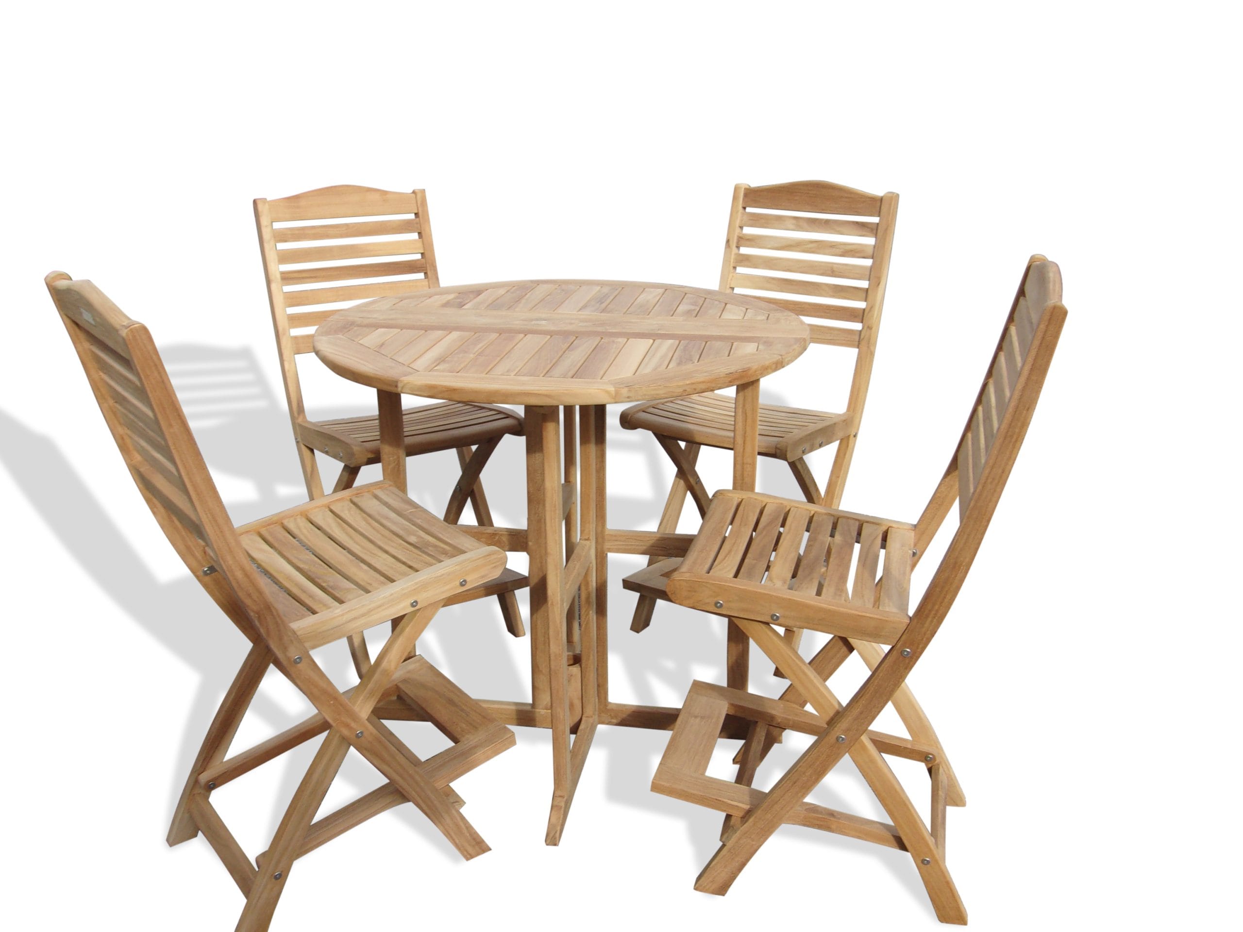 Nassau 39" Round Drop Leaf Teak Bar Table W/4 St Barts Folding Teak Bar Chairs