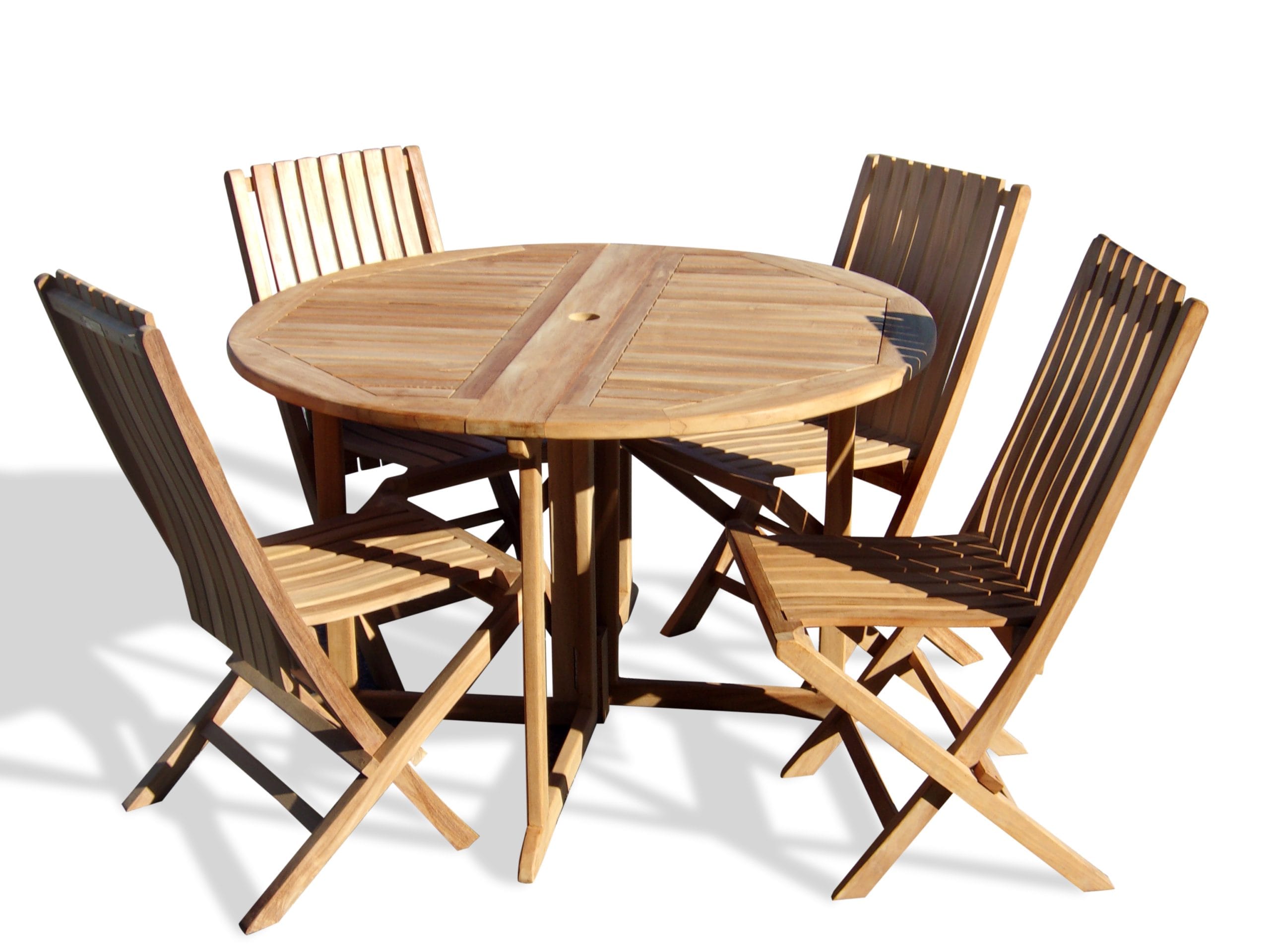 Barcelona 47" Round Drop Leaf Teak Table W/4 Java Teak Folding Shairs