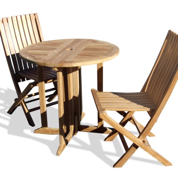 Barcelona 32" Round Drop Leaf Teak Table W/2 Java Teak Folding Chairs W/ Lumbar Support