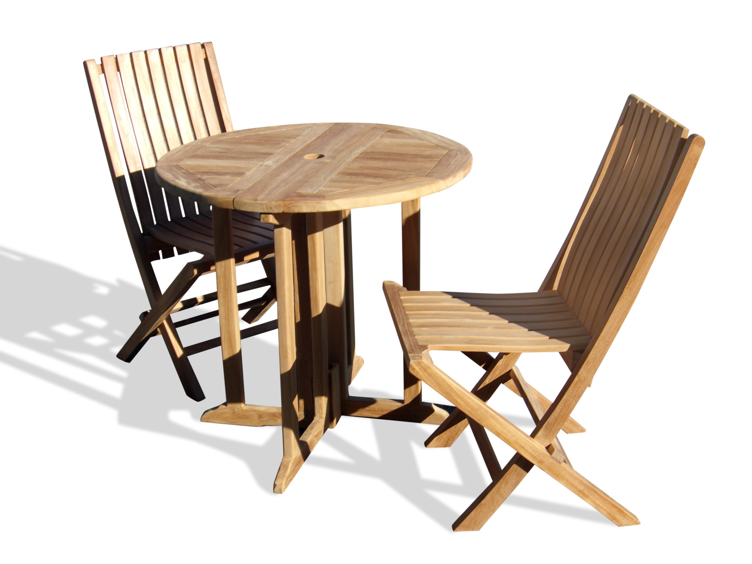 Barcelone 32" Round Drop Leaf Folding Table W/2 Java Teak Folding Chairs W/Lumbar Support