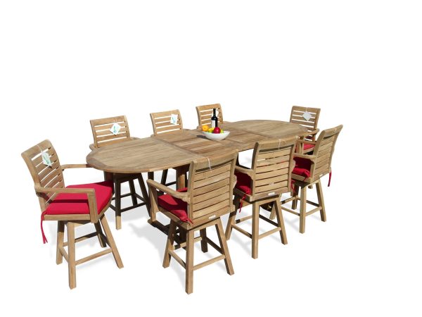 Bimini Counter Height 108 x 39"" Double Leaf Oval Teak Extension Table w 8 St. Moritz Swivel Arm Chairs