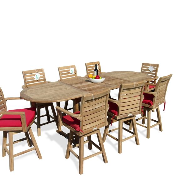 Bimini Counter Height 108 x 39"" Double Leaf Oval Teak Extension Table w 8 St. Moritz Swivel Arm Chairs