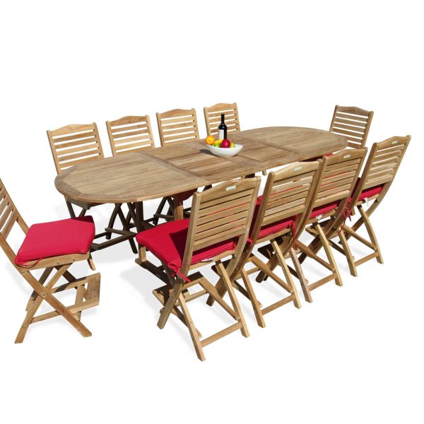Bimini Counter Height 108"x 39" Double Leaf Oval Teak Extension Table w 10 St. Barts Folding Chairs