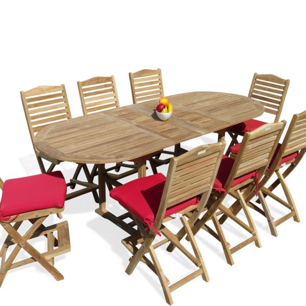 Bimini Counter Height 95"x 39" Double Leaf Oval Teak Extension Table w 8 St. Barts Folding Chairs