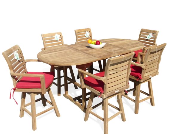 Bimini Counter Height 82" Double Leaf Oval Teak Extension Table w 6 St. Moritz Swivel Arm Chairs