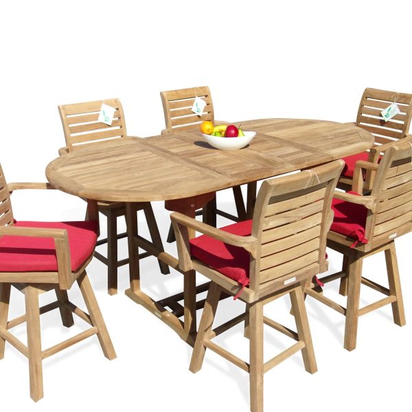 Bimini Counter Height 82" Double Leaf Oval Teak Extension Table w 6 St. Moritz Swivel Arm Chairs