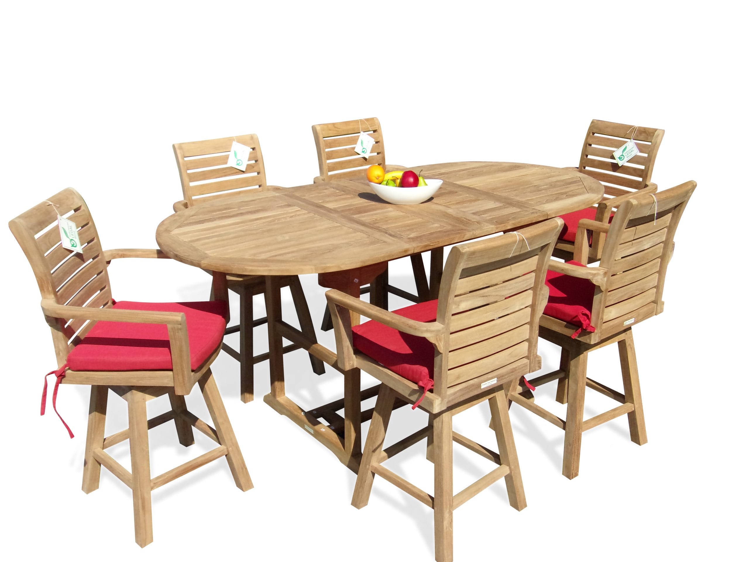 Bimini Counter Height 95"x 39" Double Leaf Oval Teak Extension Table w 6 St. Moritz Swivel Chairs