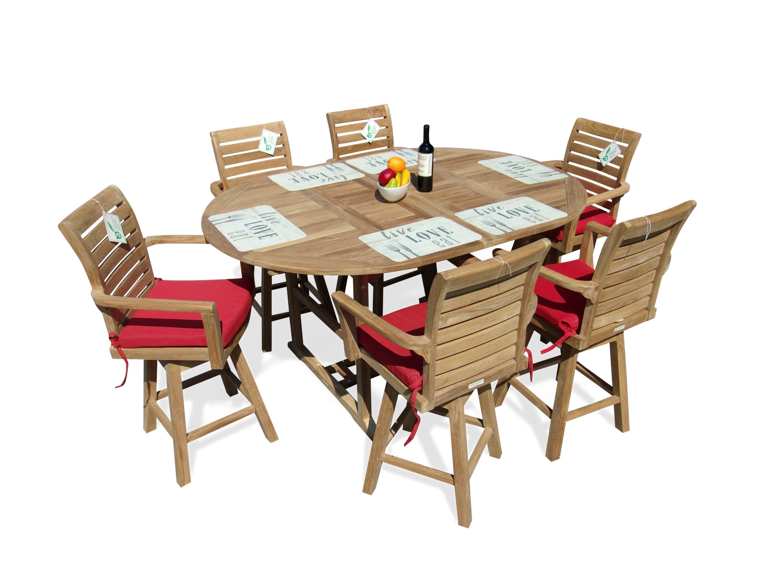 Bimini Counter Height Extra WIDE 75" x 51" Double Leaf Oval Teak Extension Table w 6 St. Moritz Swivel Arm Chairs