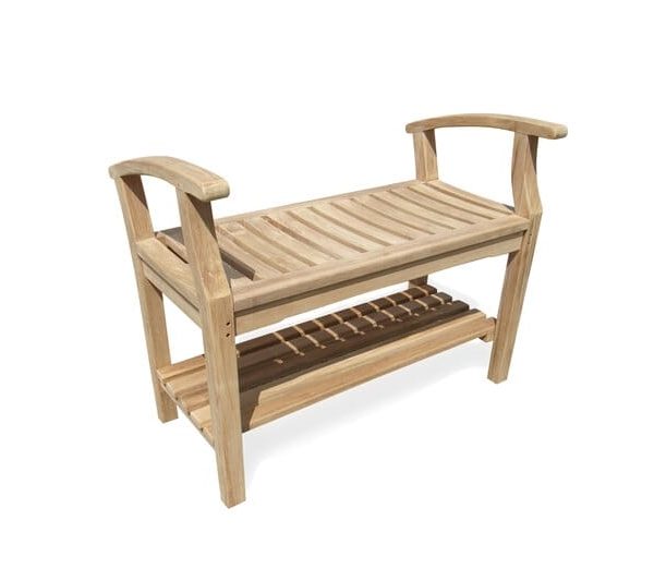 36" Windsor Teak Backless Bench w Arms & Shelf