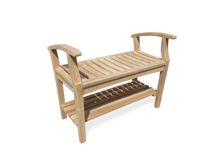 36" Windsor Teak Backless Bench w/ 20" High Contoured Seat  (2.5" higher then most benches) w/Arms for Easier Lift , and Shelf