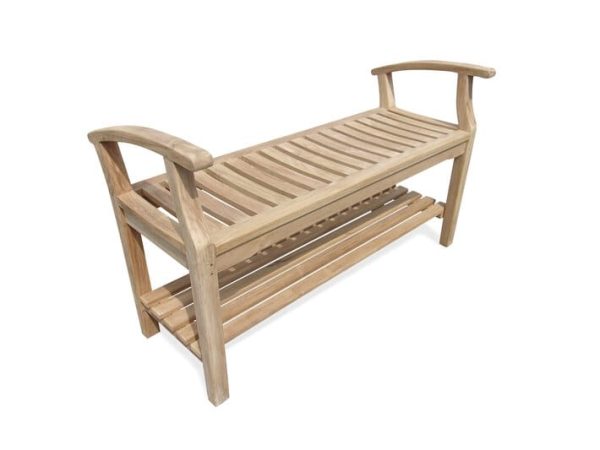 48" Windsor Teak Backless Bench w Arms & Shelf