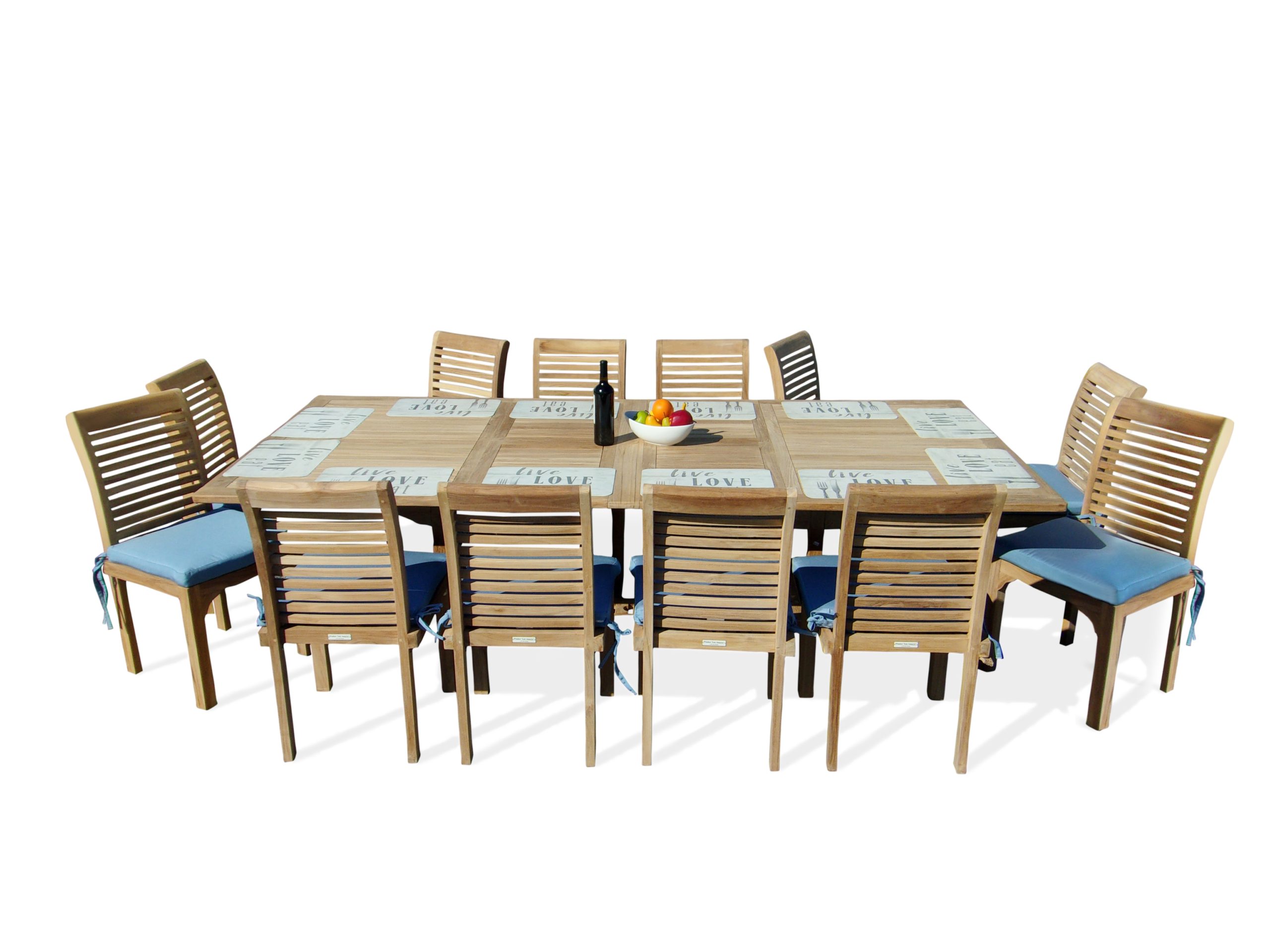 Buckingham Premium Teak Extra WIDE 108" x 51" Double Leaf Rect Extension Table...w12 Stacking Armless Chairs ..makes 3 Different Size Tables