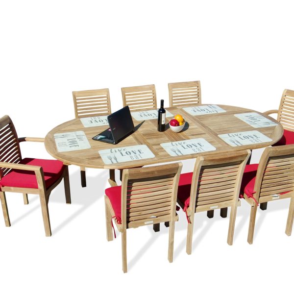 Buckingham Dining Height Extra WIDE 95" x 51" Double Leaf Oval Extension Table w8 Stacking Chairs (2arms/6armless)