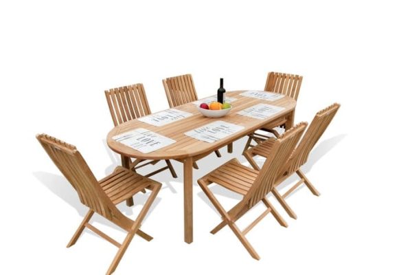 Canne s82" x 35" Oval Teak Dining Table W/6 Java Folding Chairs