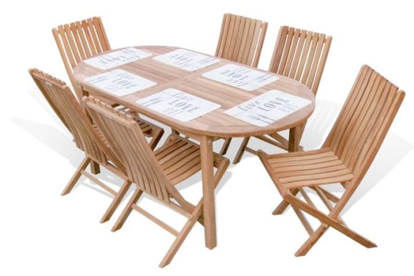 Cannes 71" x 35" Oval Teak Dining Table W/6 Java Folding Chairs