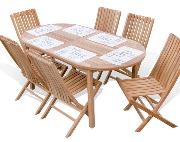Cannes 71" x 35" Oval Teak Dining Table W/6 Java Folding Chairs