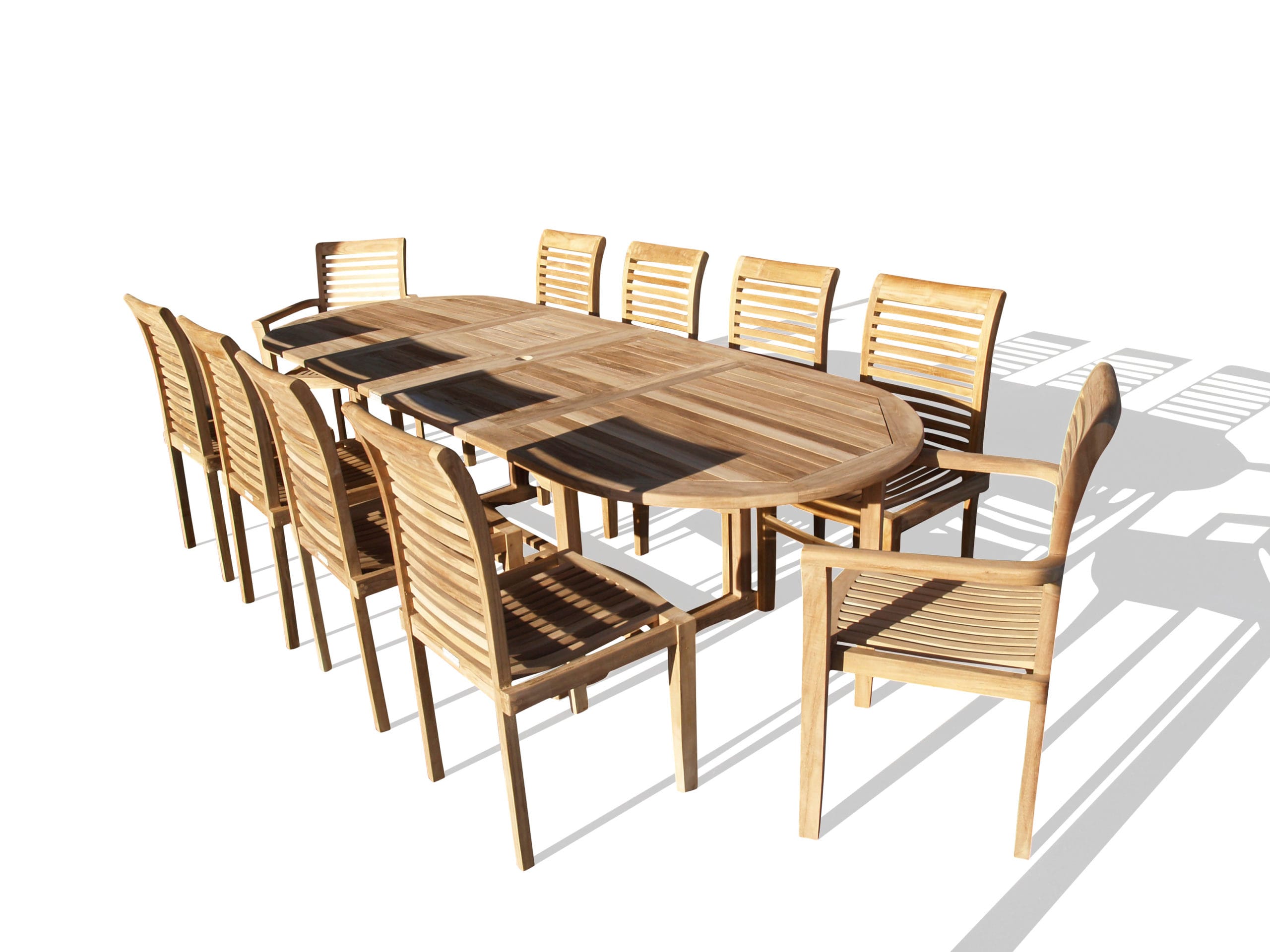 Buckingham 108" Oval Double Leaf Extension Teak Table W/10 Casa Blanca Stacking Chairs-2/w Arms & 8 w/o Arms