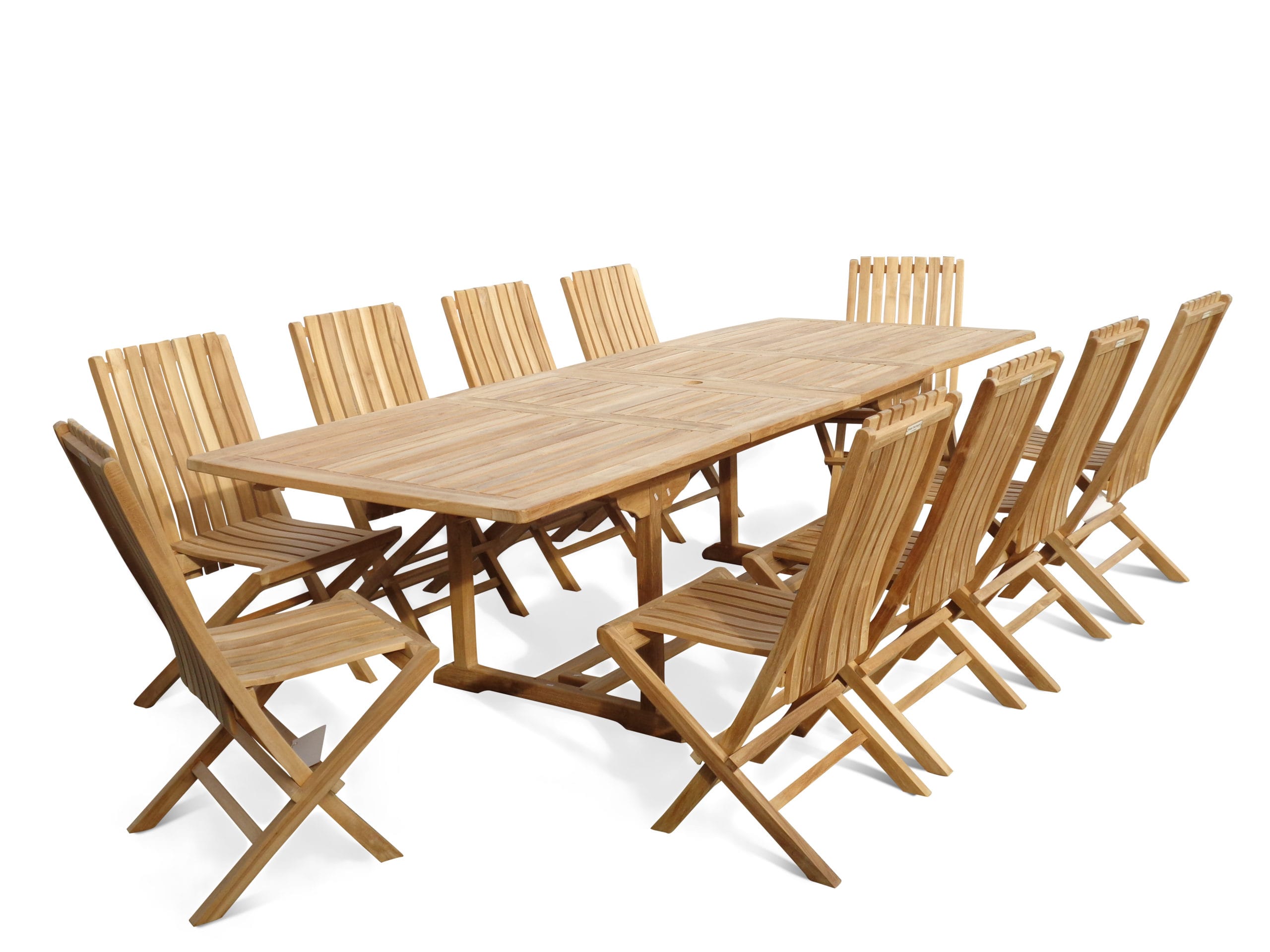 Rectangular 108x39 Teak Extension Table +10 Folding Chairs Seats 12