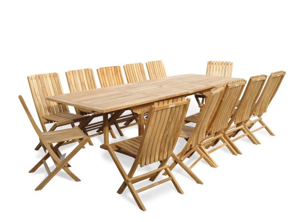 Buckingham 108" Rectangular Double Leaf Extension Teak Table W/12 Java Folding Chairs w/ Lumbar Support