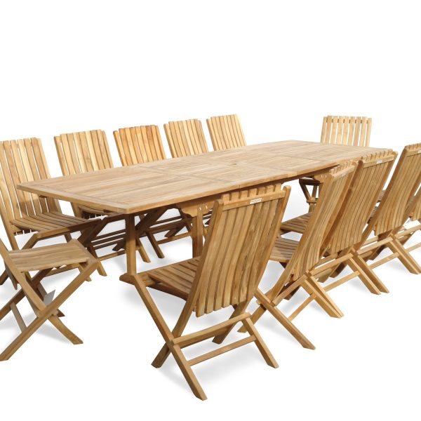 Buckingham 108" Rectangular Double Leaf Extension Teak Table W/12 Java Folding Chairs w/ Lumbar Support
