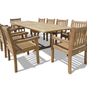 Buckingham 118″ x 39″ Double Leaf Extension Teak Table w/10 Majestic Windsor Arm Chairs