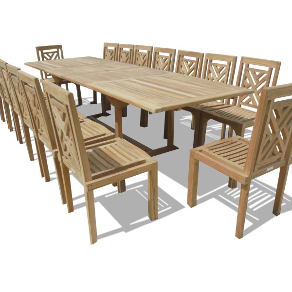 Buckingham 138" Double Leaf Extension Teak Table W/16 Chippendale Stacking Chairs