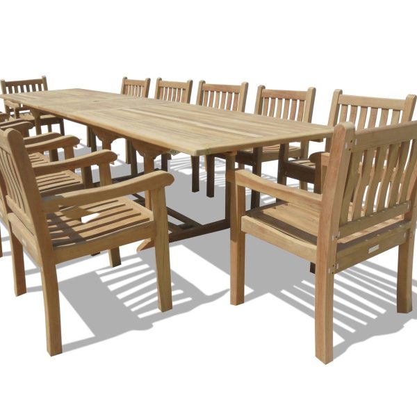 Buckingham 138" x 39" Double Leaf Extension Teak Table w/12 Windsor Arm Chairs