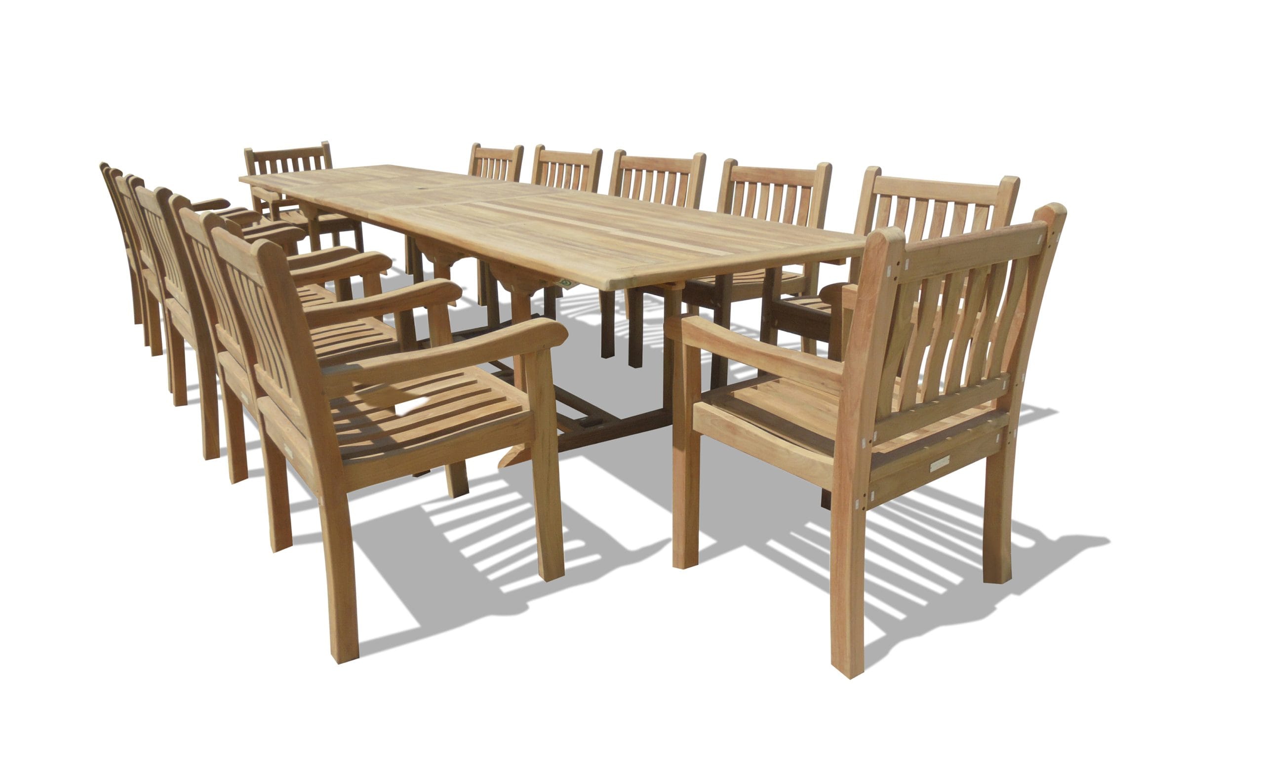 Buckingham 138" x 39" Double Leaf Extension Teak Table w/12 Windsor Arm Chairs