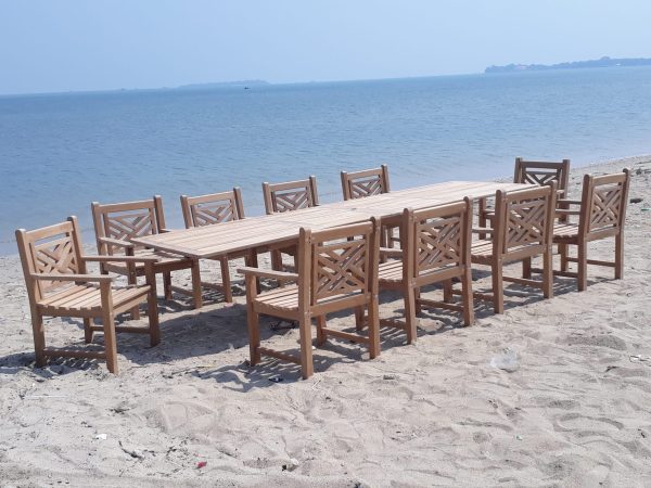 Buckingham 138" Double Leaf Extension Teak Table W/10 Chippendale Arm Chairs