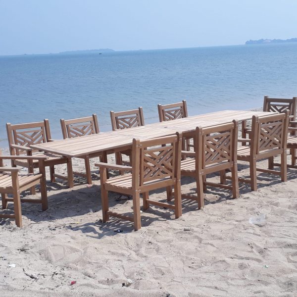 Buckingham 138" Double Leaf Extension Teak Table W/10 Chippendale Arm Chairs