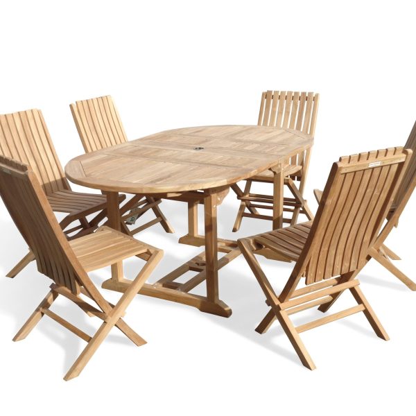 Buckingham 66" x 39" Double Leaf Oval Extension Teak Table W/6 Java Folding Chairs w/ Lumbar Support