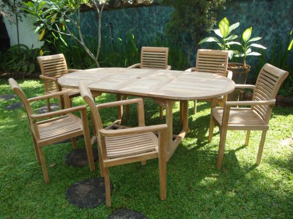 Buckingham Oval 82" Double Leaf Teak Extension Table W/6 Casa Blanca Stacking ArmChairs