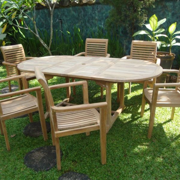 Buckingham Oval 82" Double Leaf Teak Extension Table W/6 Casa Blanca Stacking ArmChairs