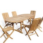 Buckingham 82" x 39" Double Leaf Oval Extension Teak Table W/6 Java Folding Chairs w/ Lumbar Support