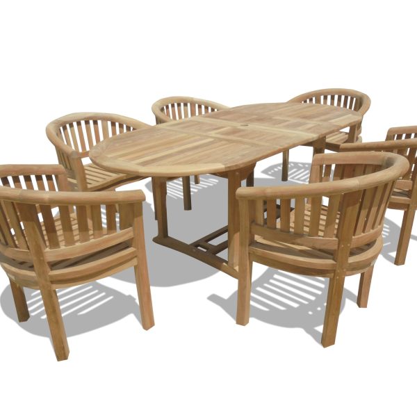82 x 39" Oval Double Leaf Teak Extension Table W/6 Impressive Kensington Curved Arm Chairs