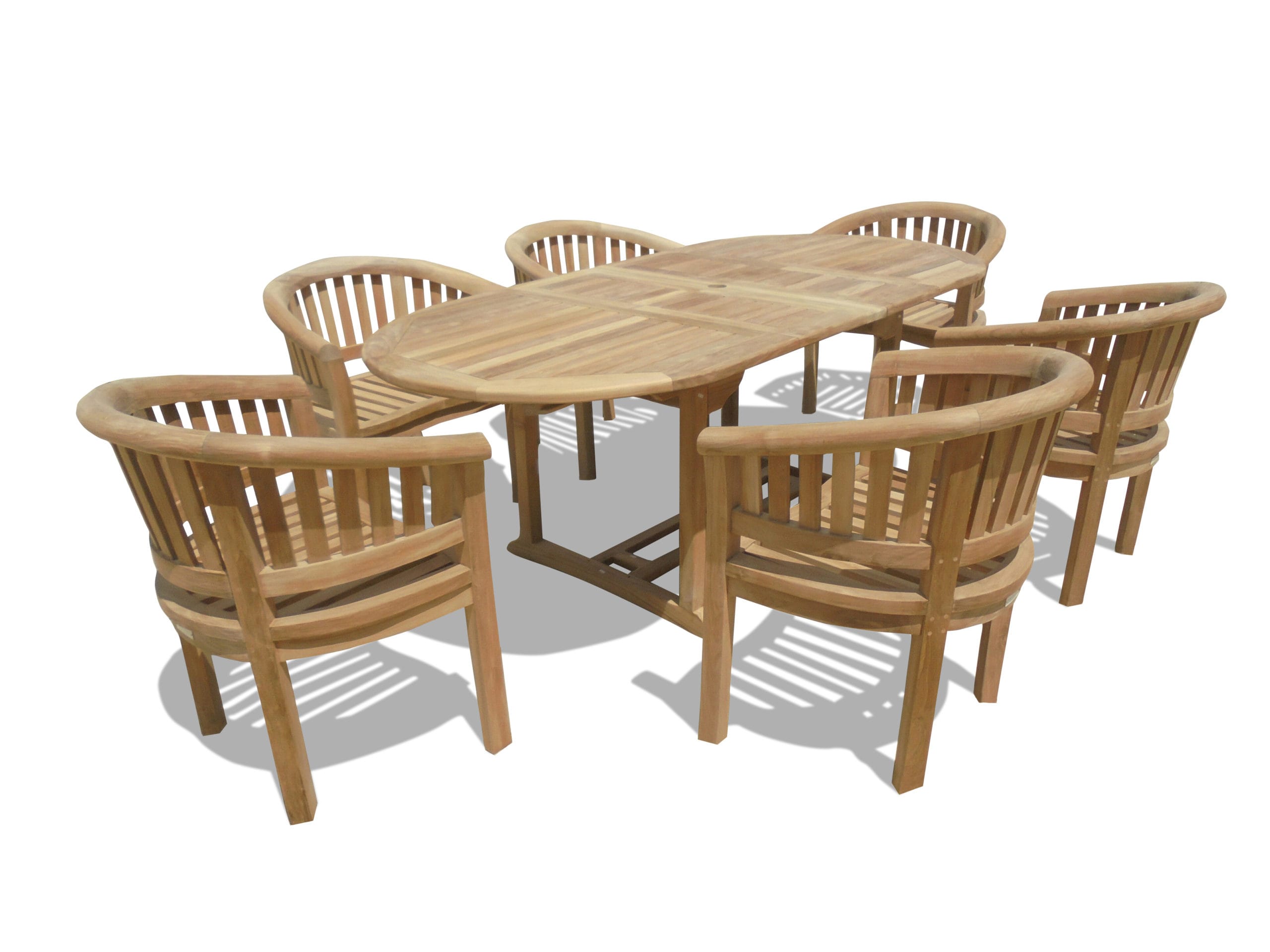 82 x 39" Oval Double Leaf Teak Extension Table W/6 Impressive Kensington Curved Arm Chairs