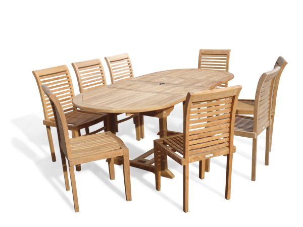 Buckingham 82" x 39" Double Leaf Oval Extension Teak Table W/8 Casa Blanca Armless Stacking Chairs