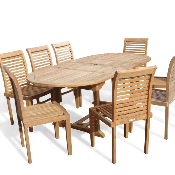 Buckingham 82" x 39" Double Leaf Oval Extension Teak Table W/8 Casa Blanca Armless Stacking Chairs