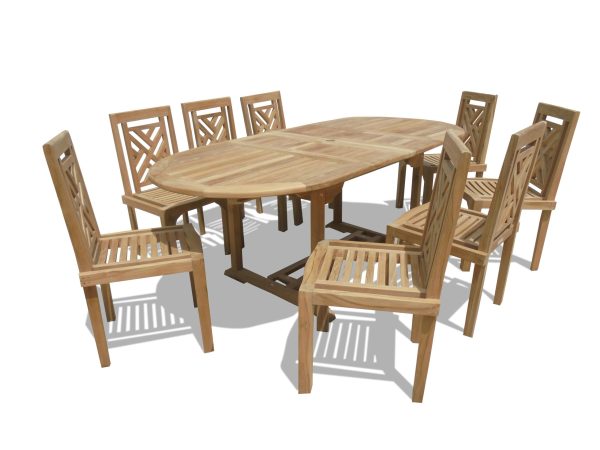 Buckingham 82" x 39" Double Leaf Extension Teak Table W/8 Chippendale Stacking Chairs...seats 8