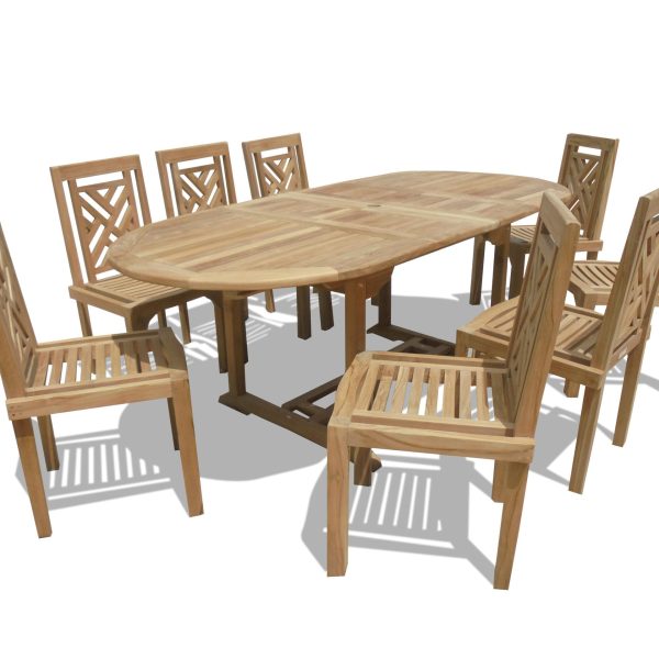 Buckingham 82" x 39" Double Leaf Extension Teak Table W/8 Chippendale Stacking Chairs...seats 8