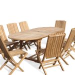 Buckingham 82" x 39" Double Leaf Oval Extension Teak Table W/ 8 Java Folding Chairs w/ Lumbar Support