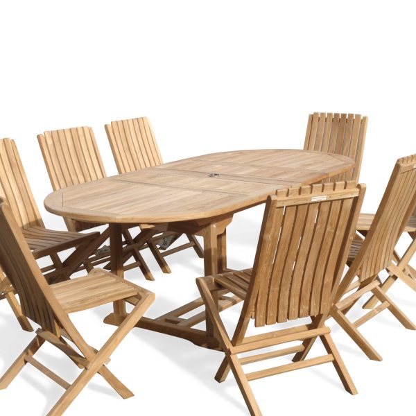 Buckingham 82" x 39" Double Leaf Oval Extension Teak Table W/ 8 Java Folding Chairs w/ Lumbar Support