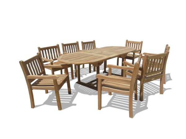 Buckingham 82 x 39" Oval Double Leaf Teak Extension Table w/8 Majestic Windsor Arm Chairs.