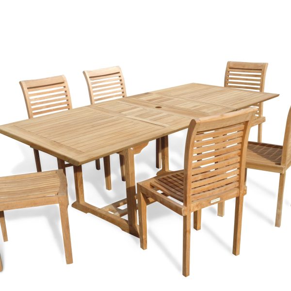 Buckingham 82" x 39" Double Leaf Rectangular Extension Teak Table W/ 6 Casa Blanca Armless Stacking Chairs