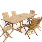 Buckingham 82" x 39" Double Leaf Rectangular Extension Teak Table W/ 6 Java Folding Chairs w/ Lumbar Support