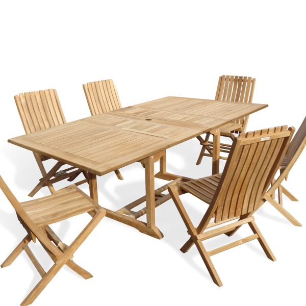 Buckingham 82" x 39" Double Leaf Rectangular Extension Teak Table W/ 6 Java Folding Chairs w/ Lumbar Support